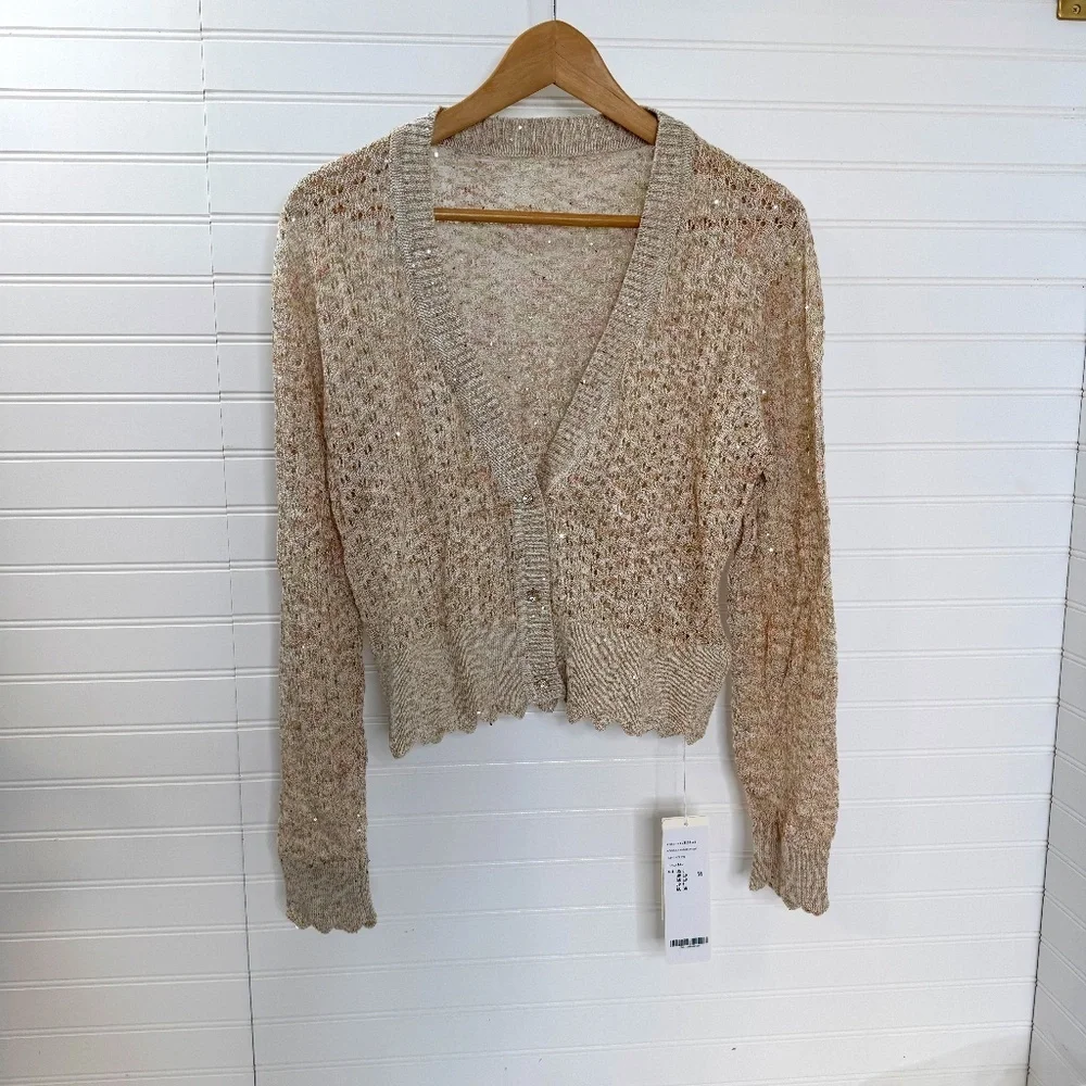 NEW GOELIA Sequin Wave Cut Trim Knitted Cardigan US Size 6 - Picture 3 of 9